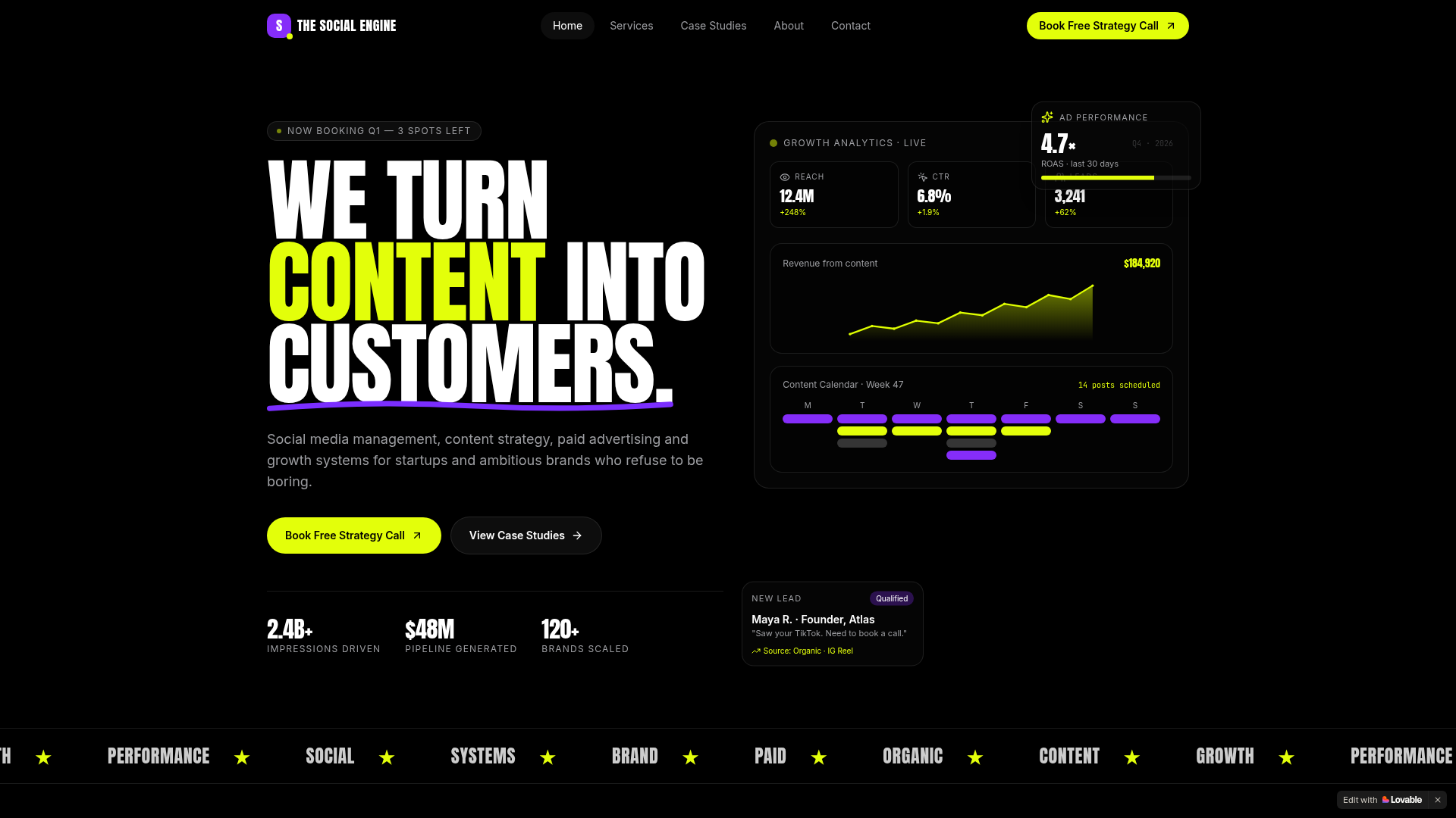 The Social Engine landing page screenshot
